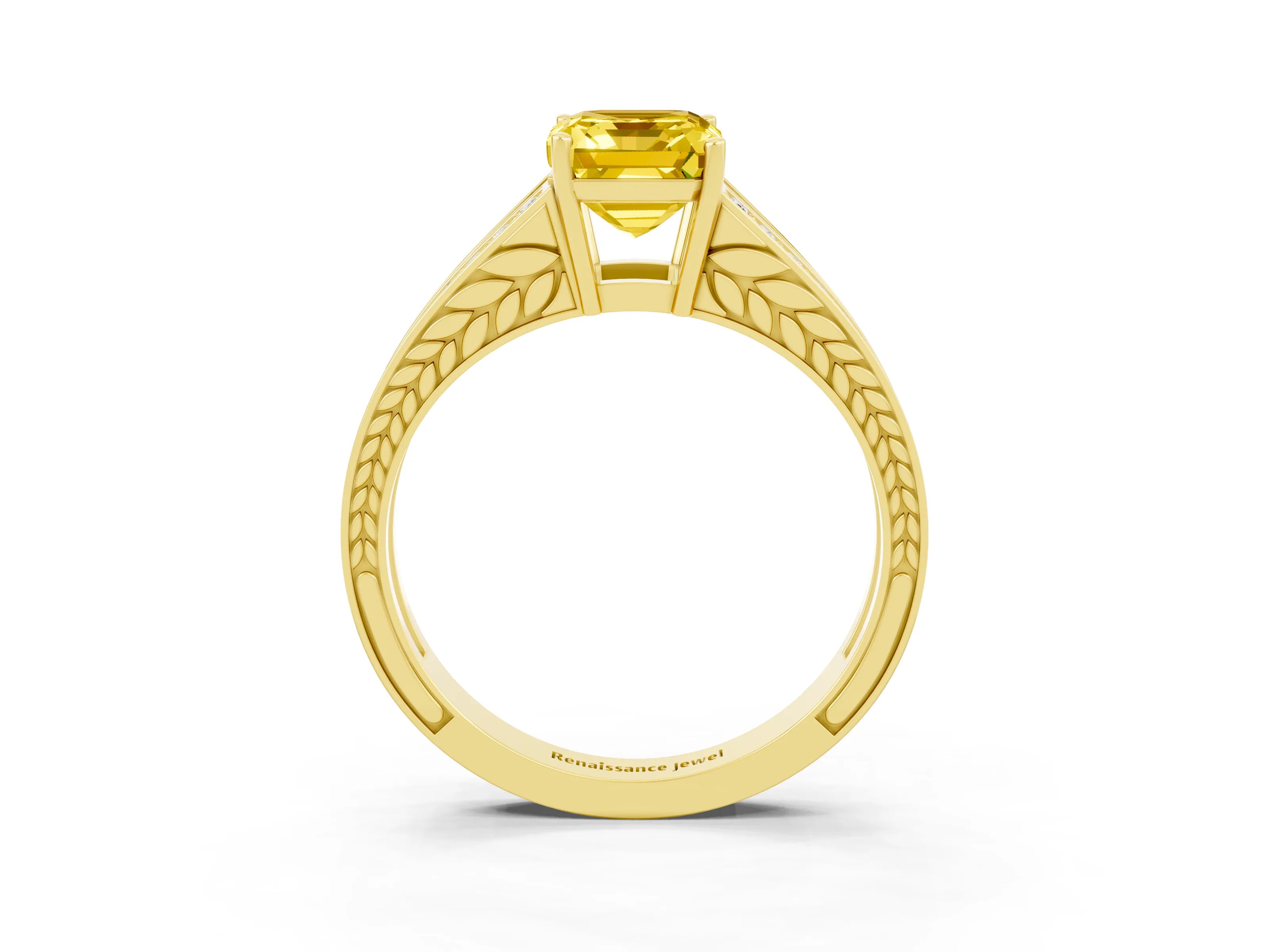 Yellow gold Emerald Cut Yellow Sapphire Split Shank Ring with Pavé Band and Four-Prong Setting_3