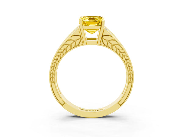 Yellow gold Emerald Cut Yellow Sapphire Split Shank Ring with Pavé Band and Four-Prong Setting
