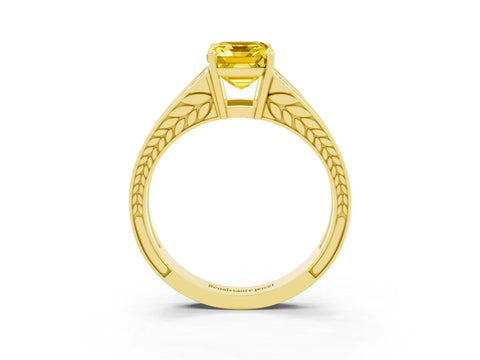 Yellow gold Emerald Cut Yellow Sapphire Split Shank Ring with Pavé Band and Four-Prong Setting_3