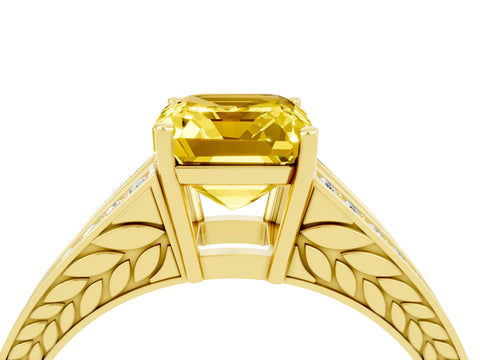 Yellow gold Emerald Cut Yellow Sapphire Split Shank Ring with Pavé Band and Four-Prong Setting_4