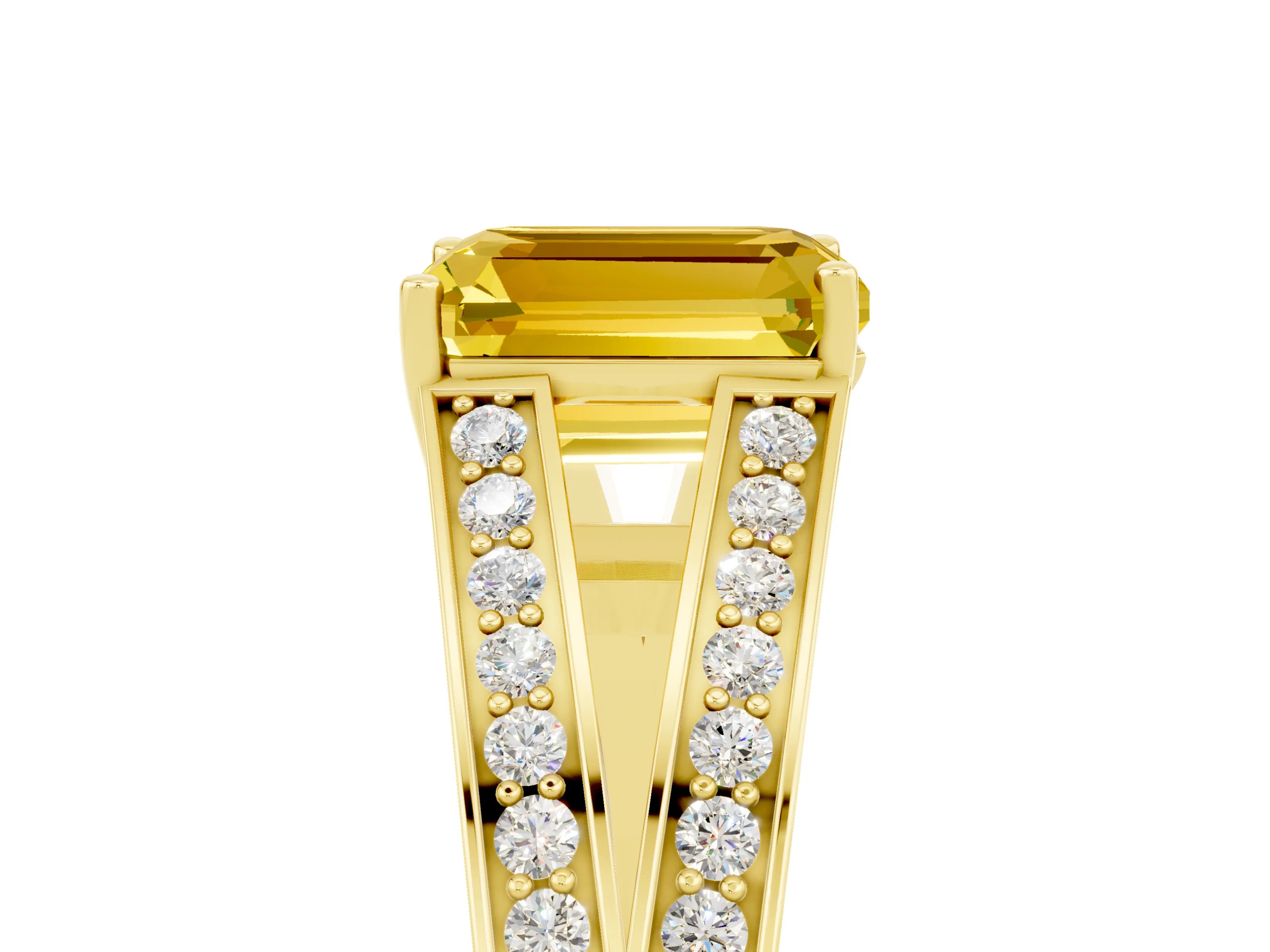 Yellow gold Emerald Cut Yellow Sapphire Split Shank Ring with Pavé Band and Four-Prong Setting_5