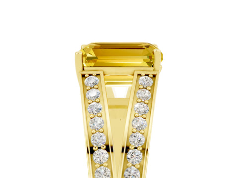 Yellow gold Emerald Cut Yellow Sapphire Split Shank Ring with Pavé Band and Four-Prong Setting_5