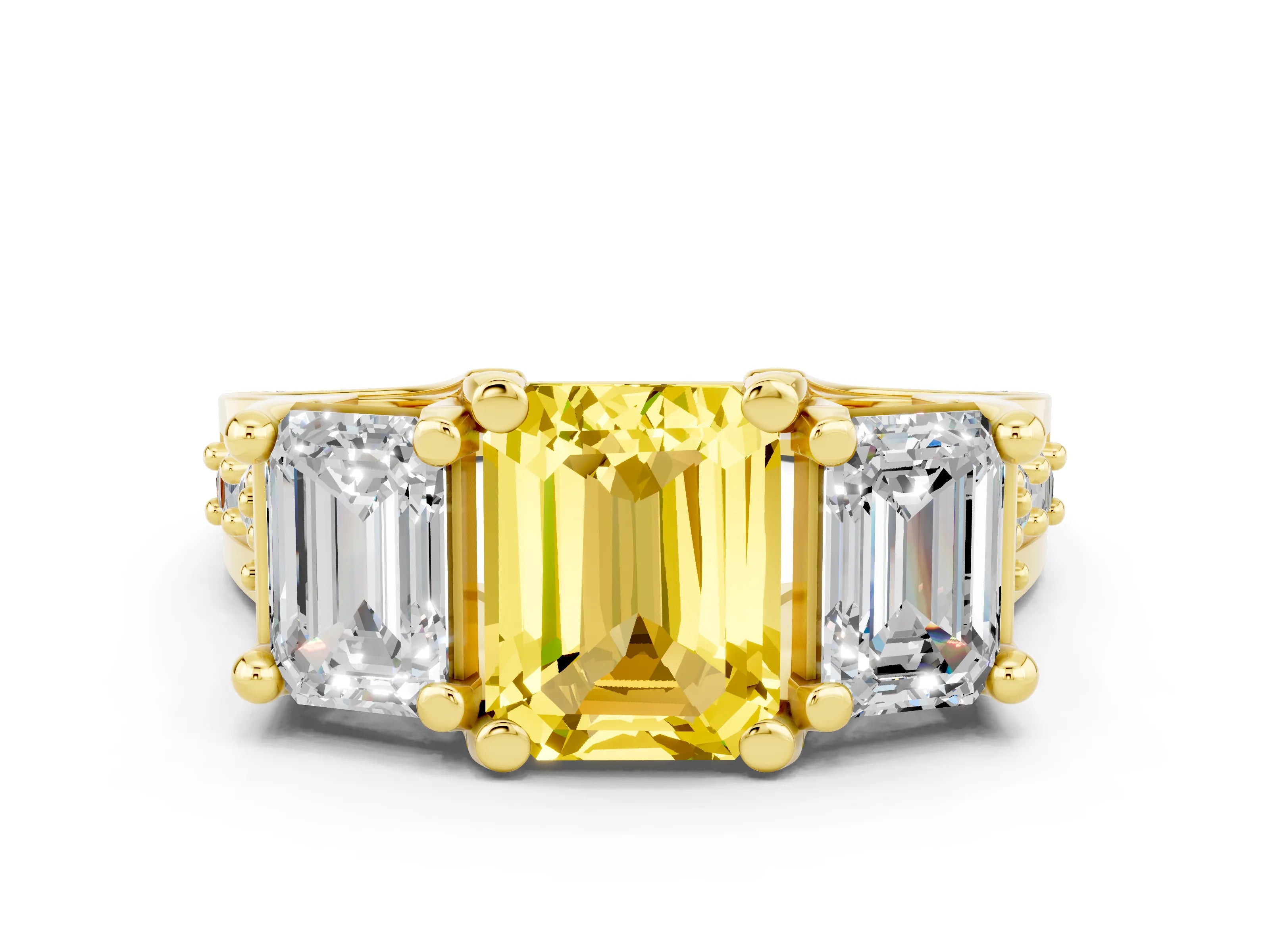 Yellow gold Emerald Cut Yellow Sapphire Three-Stone Ring with Channel Set Band and Four-Prong Setting