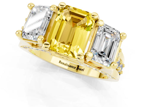Yellow gold Emerald Cut Yellow Sapphire Three-Stone Ring with Channel Set Band and Four-Prong Setting_1