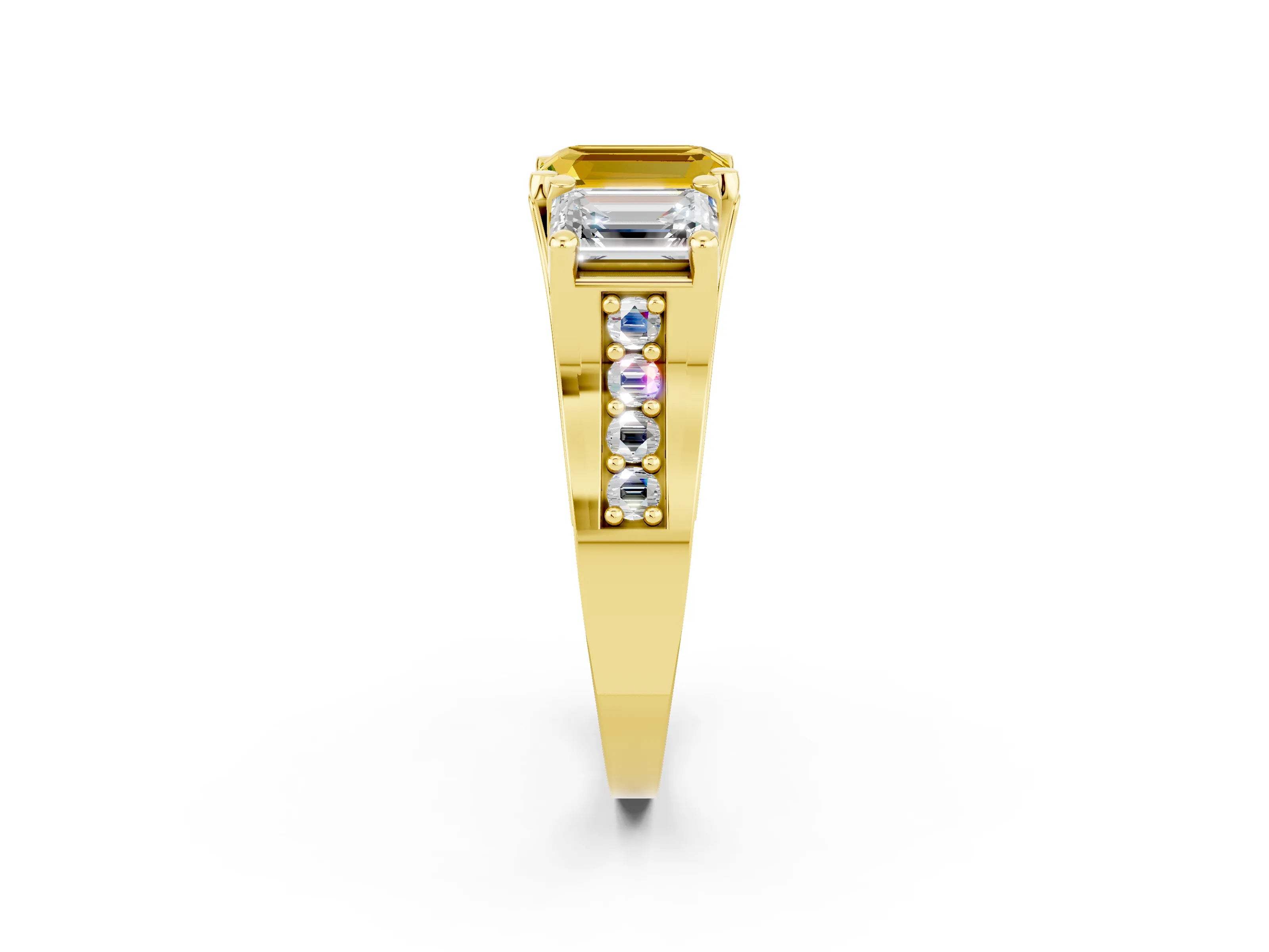 Yellow gold Emerald Cut Yellow Sapphire Three-Stone Ring with Channel Set Band and Four-Prong Setting_2