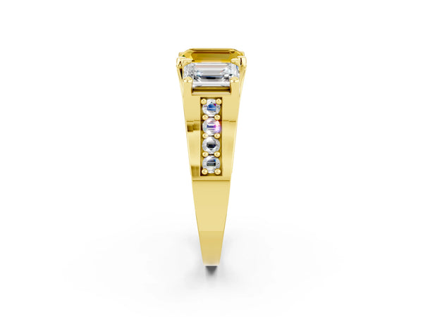 Yellow gold Emerald Cut Yellow Sapphire Three-Stone Ring with Channel Set Band and Four-Prong Setting
