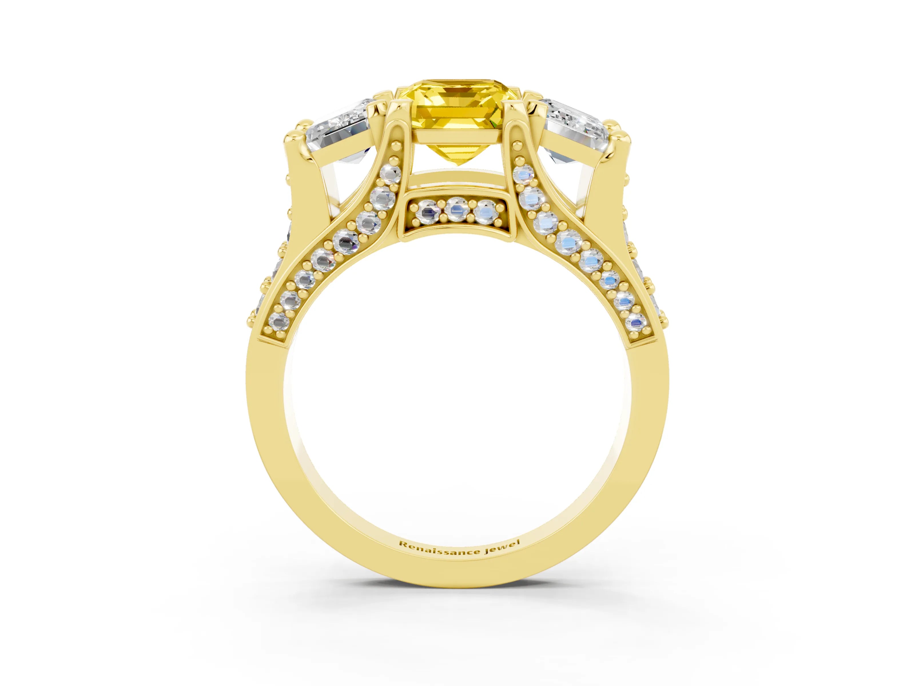 Yellow gold Emerald Cut Yellow Sapphire Three-Stone Ring with Channel Set Band and Four-Prong Setting_3