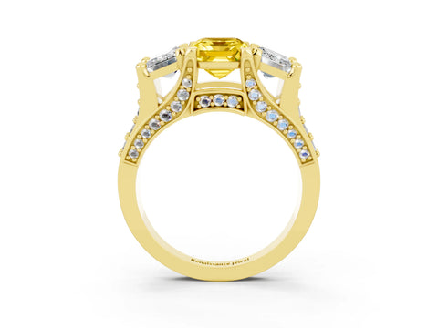 Yellow gold Emerald Cut Yellow Sapphire Three-Stone Ring with Channel Set Band and Four-Prong Setting_3