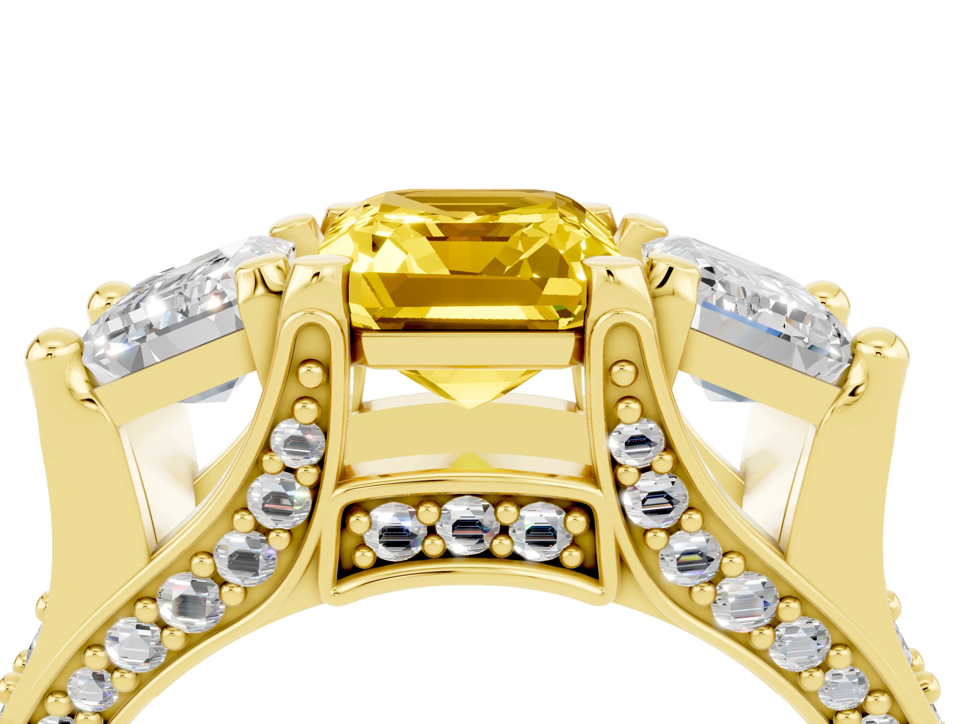 Yellow gold Emerald Cut Yellow Sapphire Three-Stone Ring with Channel Set Band and Four-Prong Setting_4