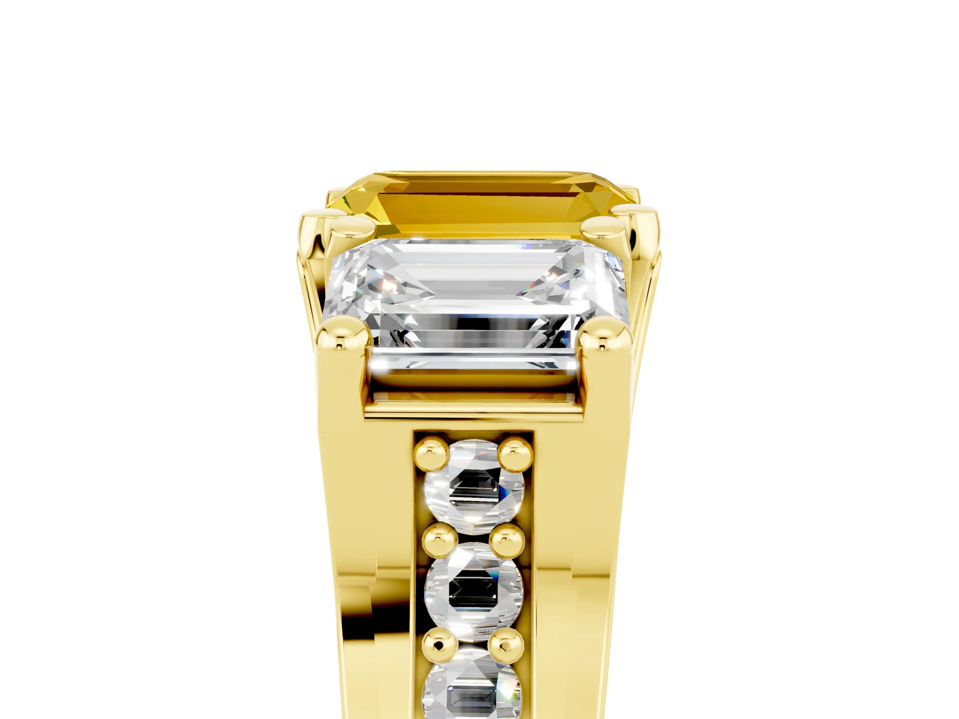 Yellow gold Emerald Cut Yellow Sapphire Three-Stone Ring with Channel Set Band and Four-Prong Setting_5
