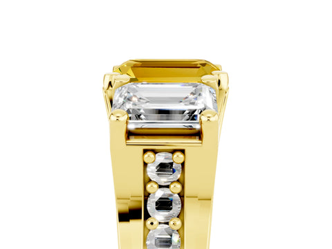 Yellow gold Emerald Cut Yellow Sapphire Three-Stone Ring with Channel Set Band and Four-Prong Setting_5