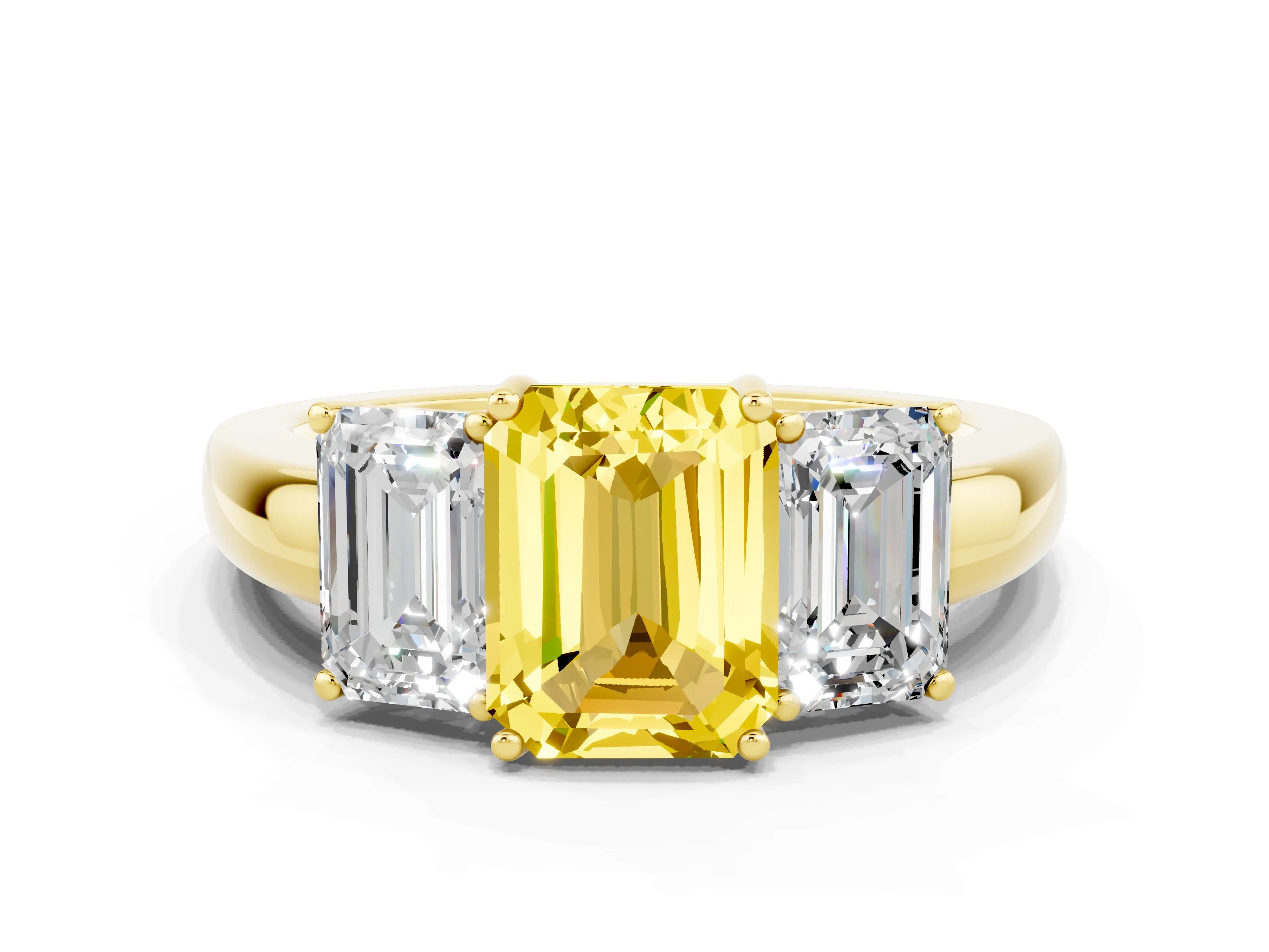 Yellow gold Emerald Cut Yellow Sapphire Three-Stone Ring with Four-Prong Setting and Classic Band