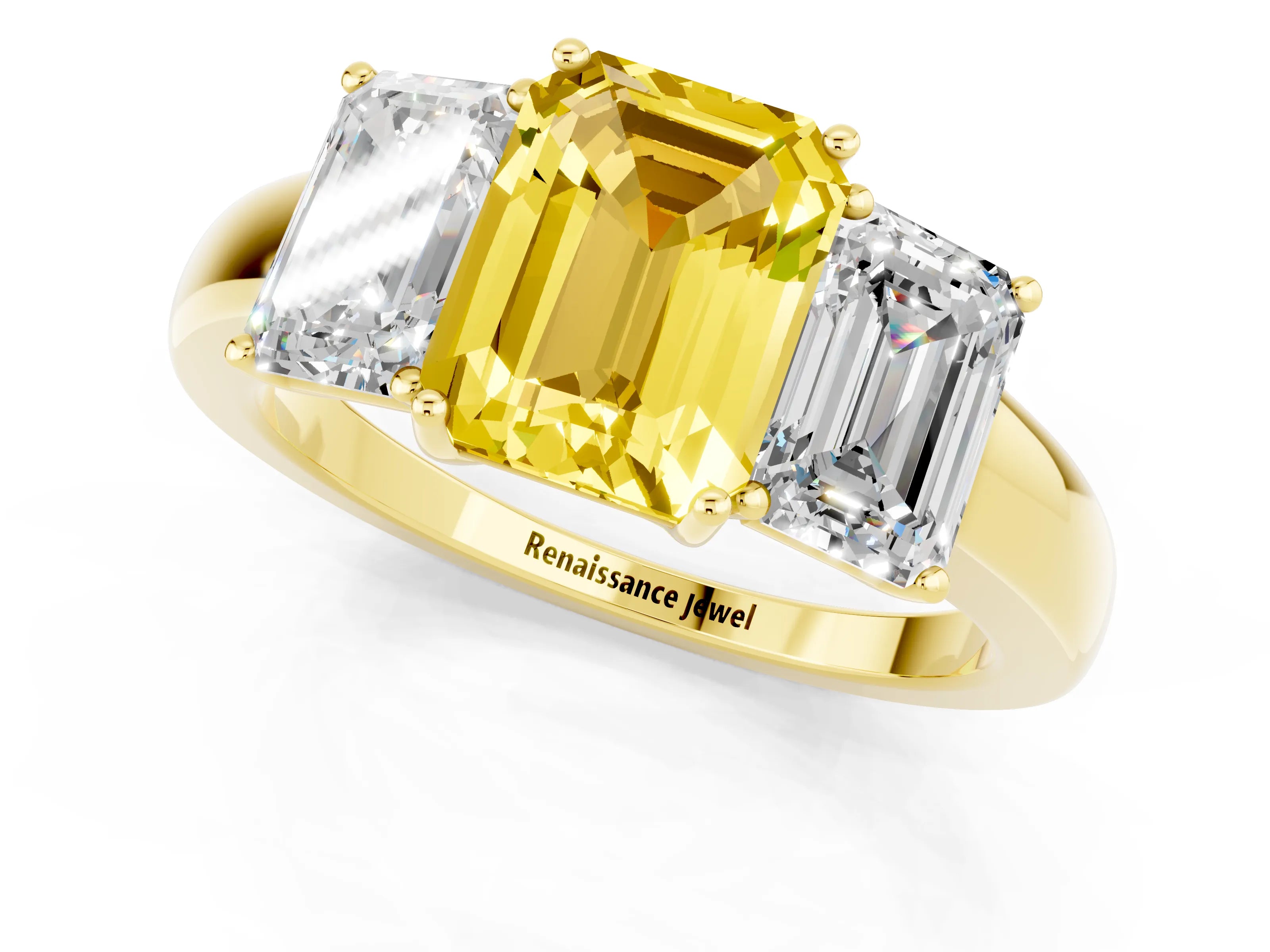 Yellow gold Emerald Cut Yellow Sapphire Three-Stone Ring with Four-Prong Setting and Classic Band_1
