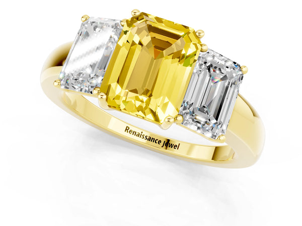 Yellow gold Emerald Cut Yellow Sapphire Three-Stone Ring with Four-Prong Setting and Classic Band