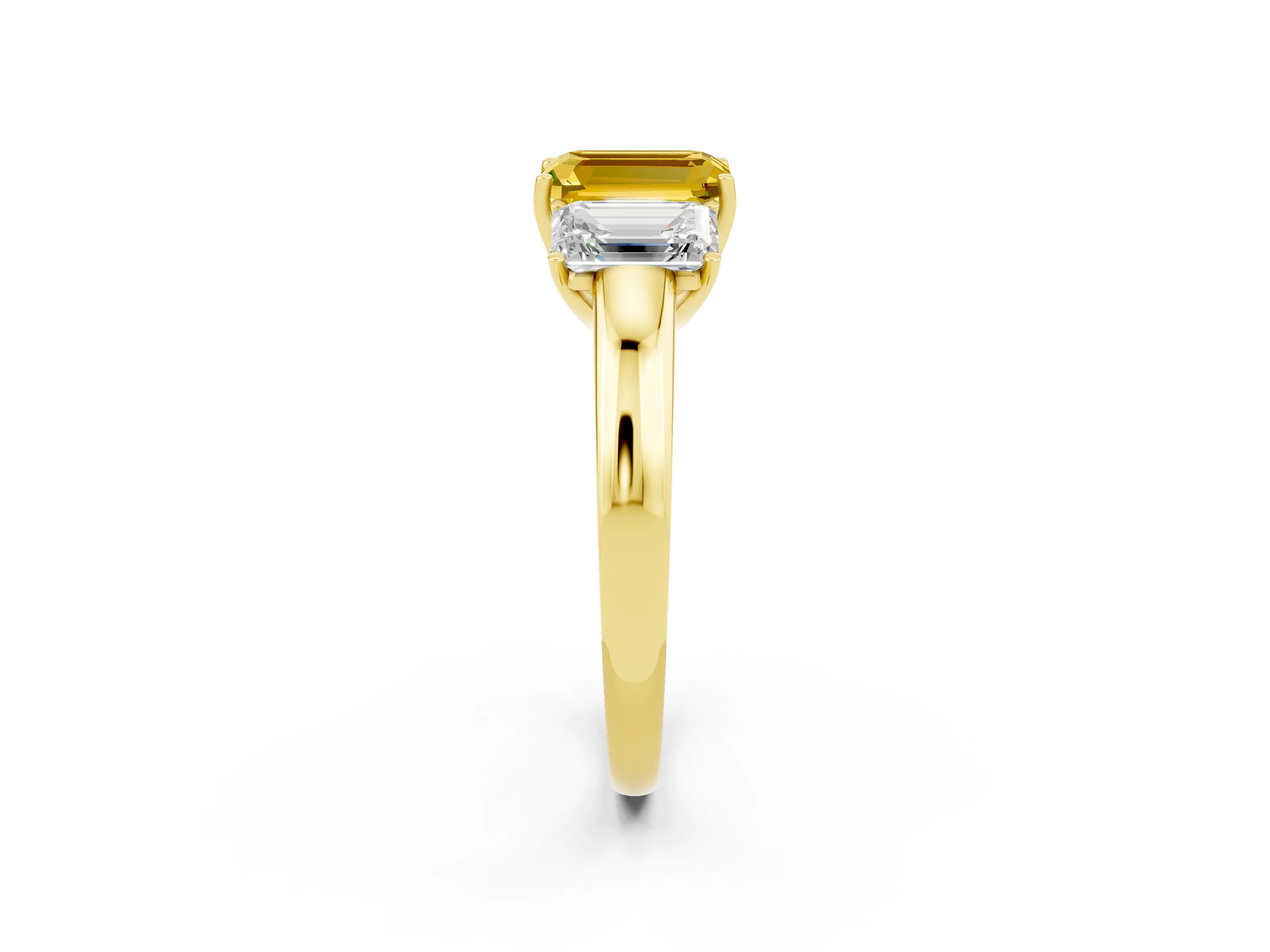 Yellow gold Emerald Cut Yellow Sapphire Three-Stone Ring with Four-Prong Setting and Classic Band_2