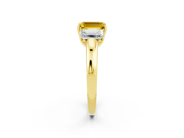 Yellow gold Emerald Cut Yellow Sapphire Three-Stone Ring with Four-Prong Setting and Classic Band
