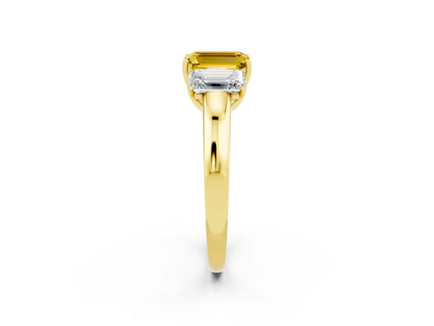 Yellow gold Emerald Cut Yellow Sapphire Three-Stone Ring with Four-Prong Setting and Classic Band_2