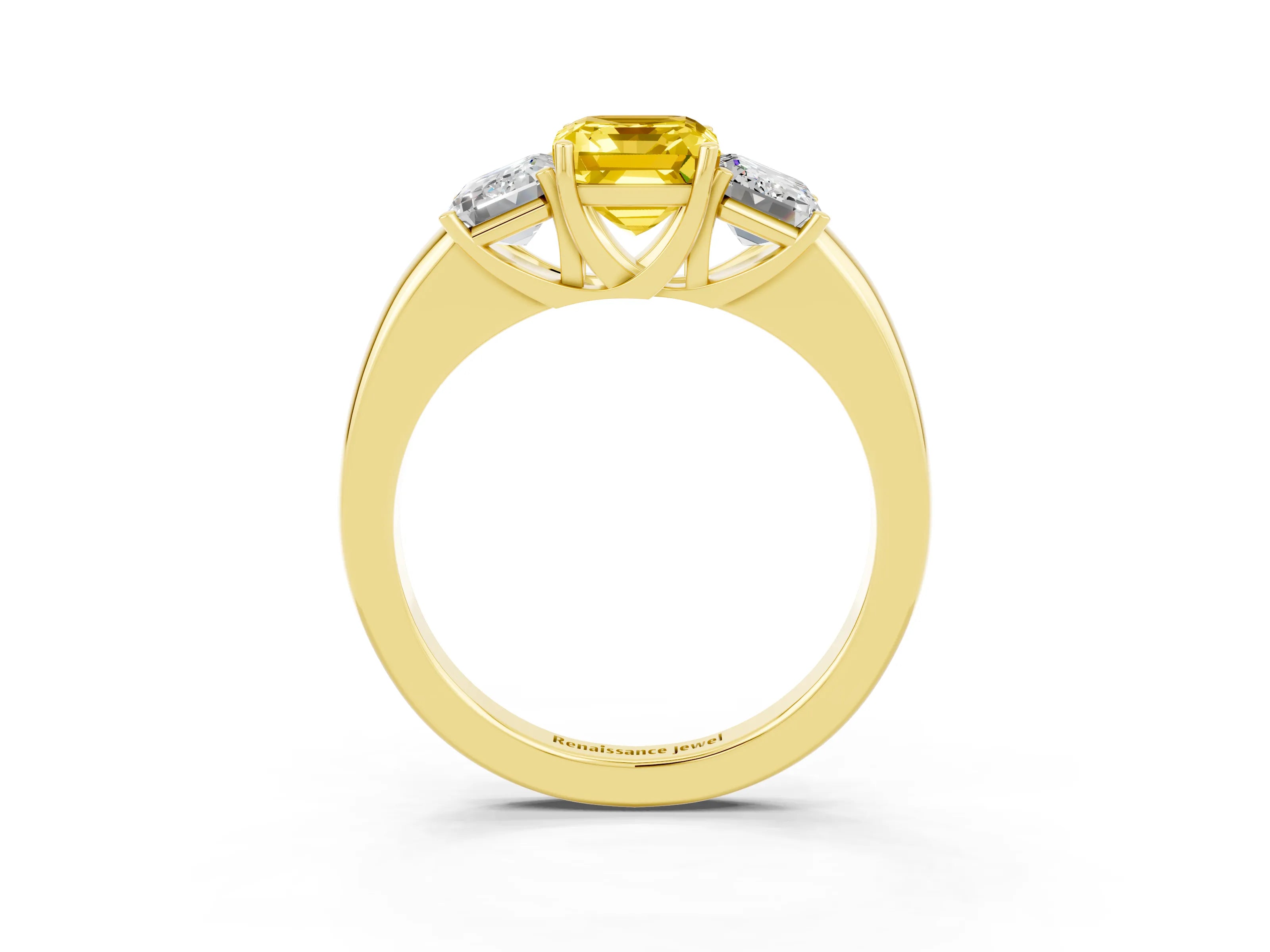 Yellow gold Emerald Cut Yellow Sapphire Three-Stone Ring with Four-Prong Setting and Classic Band_3