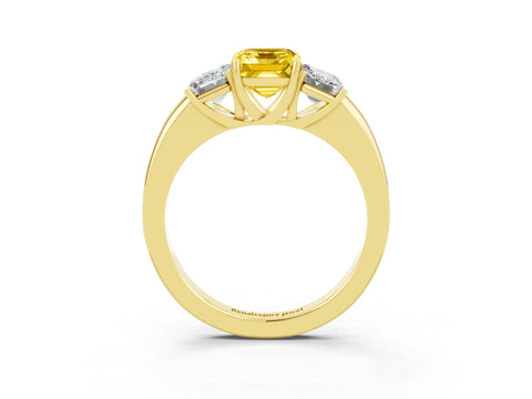 Yellow gold Emerald Cut Yellow Sapphire Three-Stone Ring with Four-Prong Setting and Classic Band_3