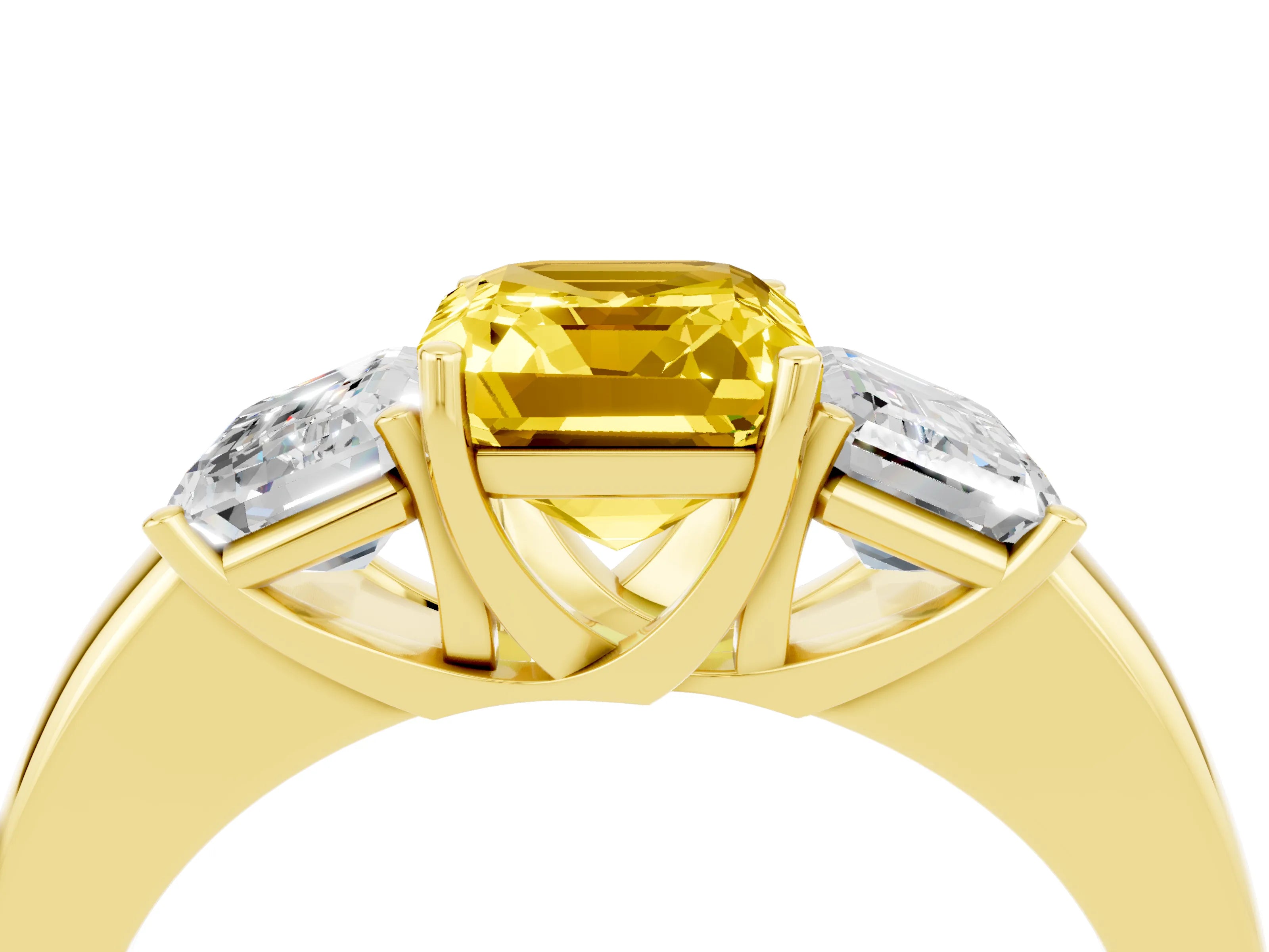 Yellow gold Emerald Cut Yellow Sapphire Three-Stone Ring with Four-Prong Setting and Classic Band_4
