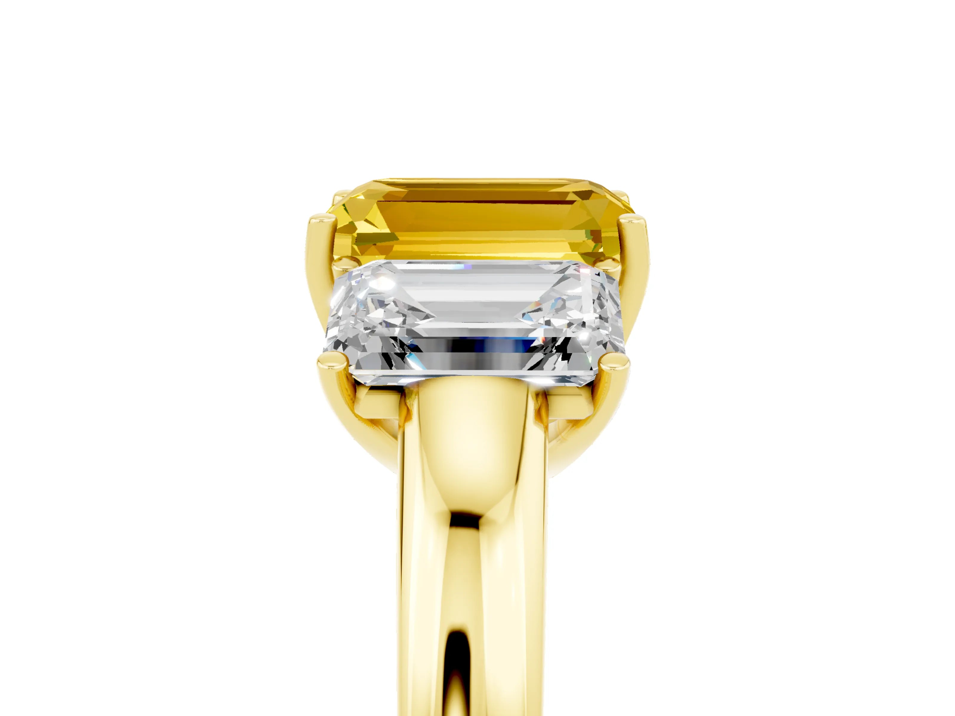 Yellow gold Emerald Cut Yellow Sapphire Three-Stone Ring with Four-Prong Setting and Classic Band_5