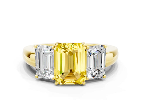 Yellow gold Emerald Cut Yellow Sapphire Three-Stone Ring with Four-Prong Setting and Classic Band