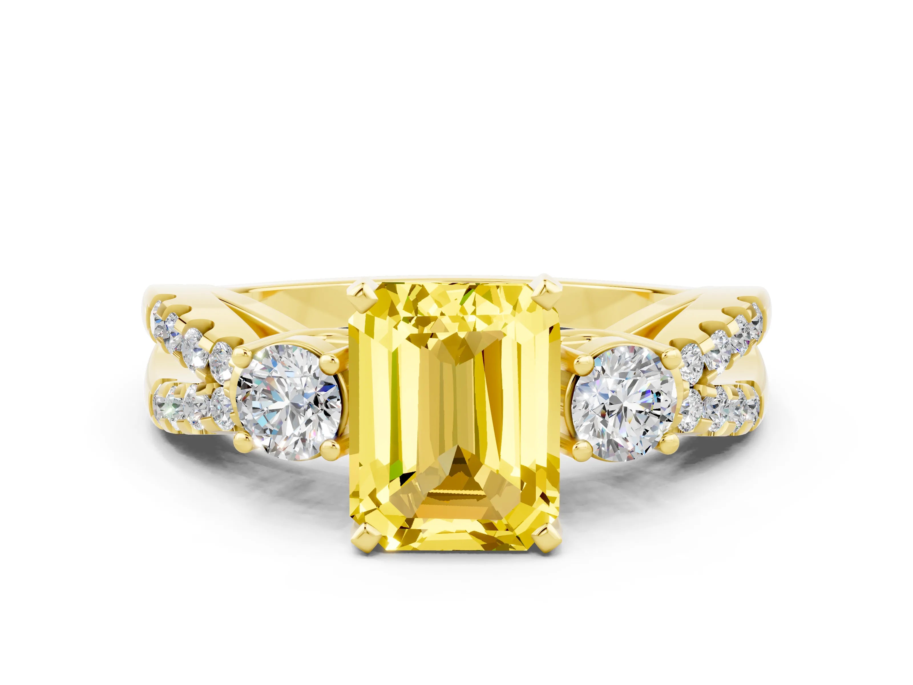Yellow gold Emerald Cut Yellow Sapphire Three-Stone Ring with Pavé Split Shank and Four-Prong Setting_24