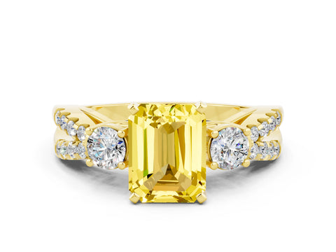 Yellow gold Emerald Cut Yellow Sapphire Three-Stone Ring with Pavé Split Shank and Four-Prong Setting_24