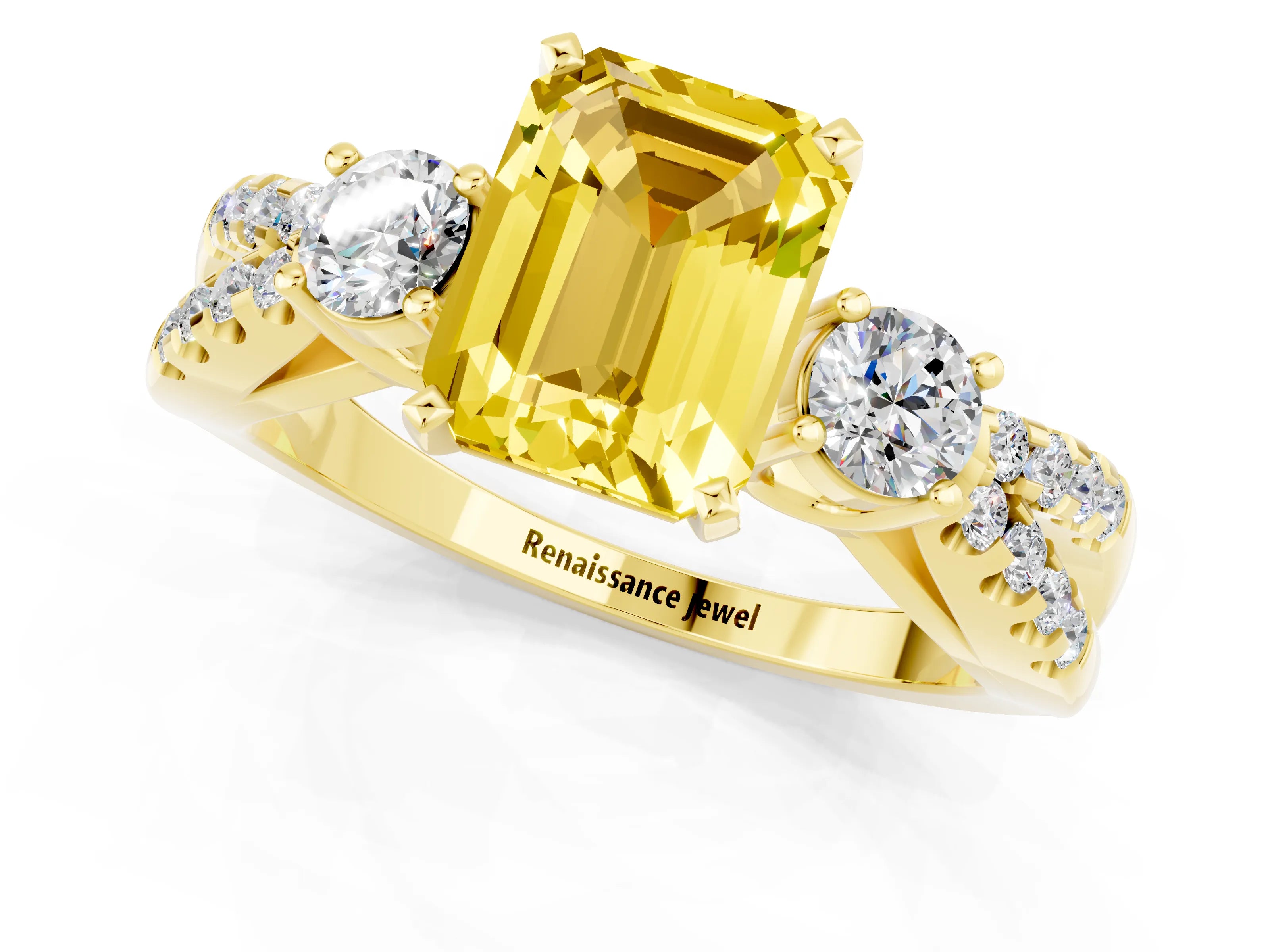 Yellow gold Emerald Cut Yellow Sapphire Three-Stone Ring with Pavé Split Shank and Four-Prong Setting_25