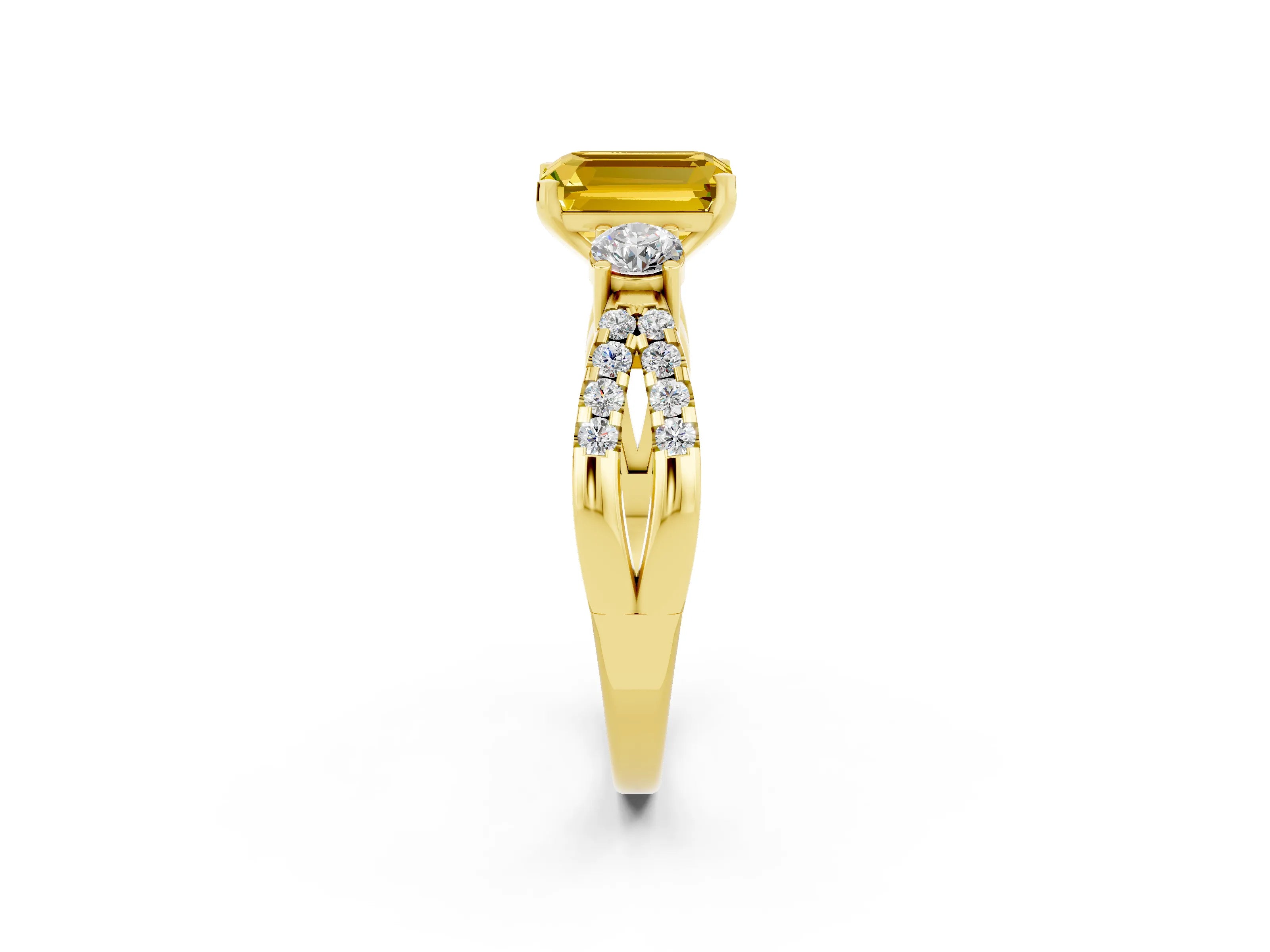 Yellow gold Emerald Cut Yellow Sapphire Three-Stone Ring with Pavé Split Shank and Four-Prong Setting_26