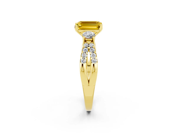Yellow gold Emerald Cut Yellow Sapphire Three-Stone Ring with Pavé Split Shank and Four-Prong Setting