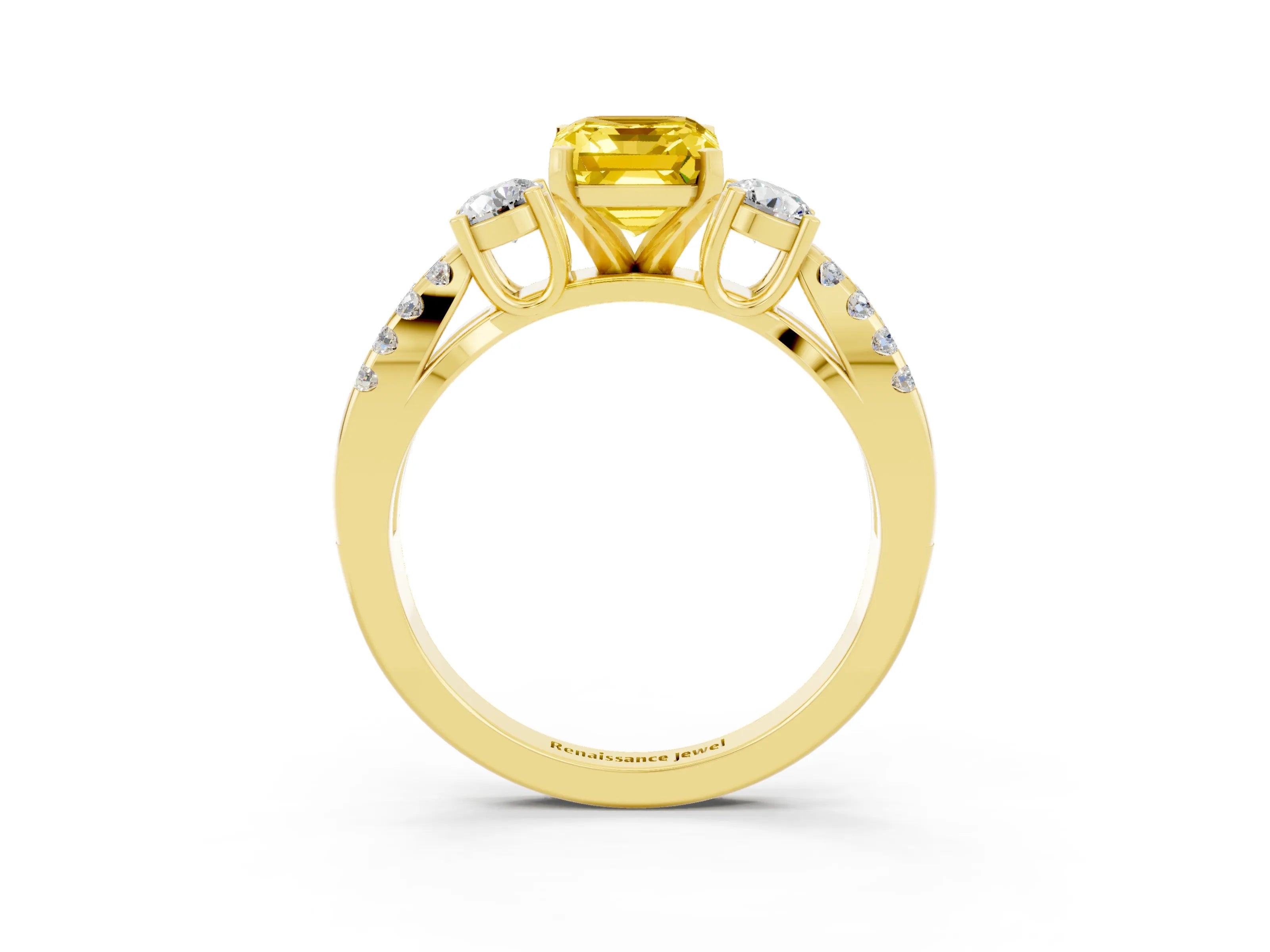 Yellow gold Emerald Cut Yellow Sapphire Three-Stone Ring with Pavé Split Shank and Four-Prong Setting_27