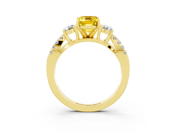 Yellow gold Emerald Cut Yellow Sapphire Three-Stone Ring with Pavé Split Shank and Four-Prong Setting