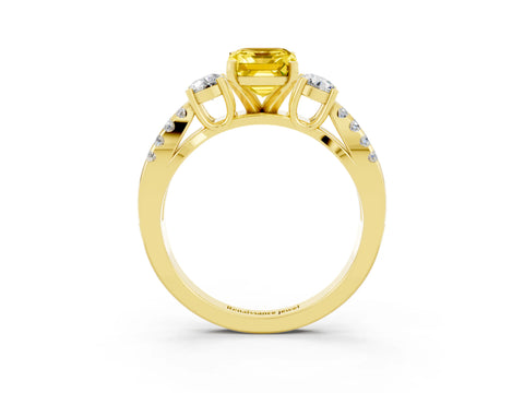 Yellow gold Emerald Cut Yellow Sapphire Three-Stone Ring with Pavé Split Shank and Four-Prong Setting_27