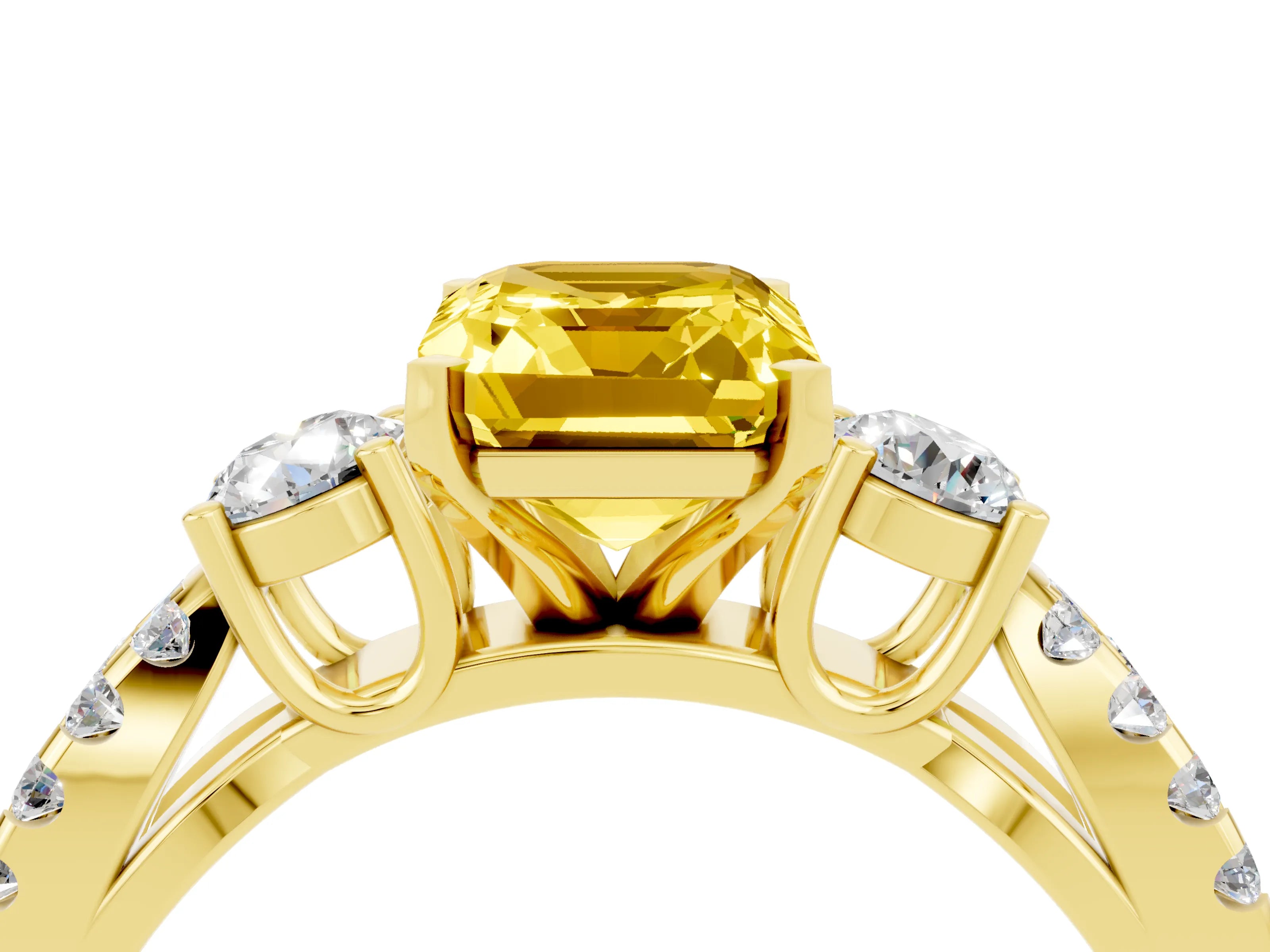 Yellow gold Emerald Cut Yellow Sapphire Three-Stone Ring with Pavé Split Shank and Four-Prong Setting_28
