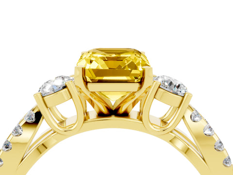 Yellow gold Emerald Cut Yellow Sapphire Three-Stone Ring with Pavé Split Shank and Four-Prong Setting_28