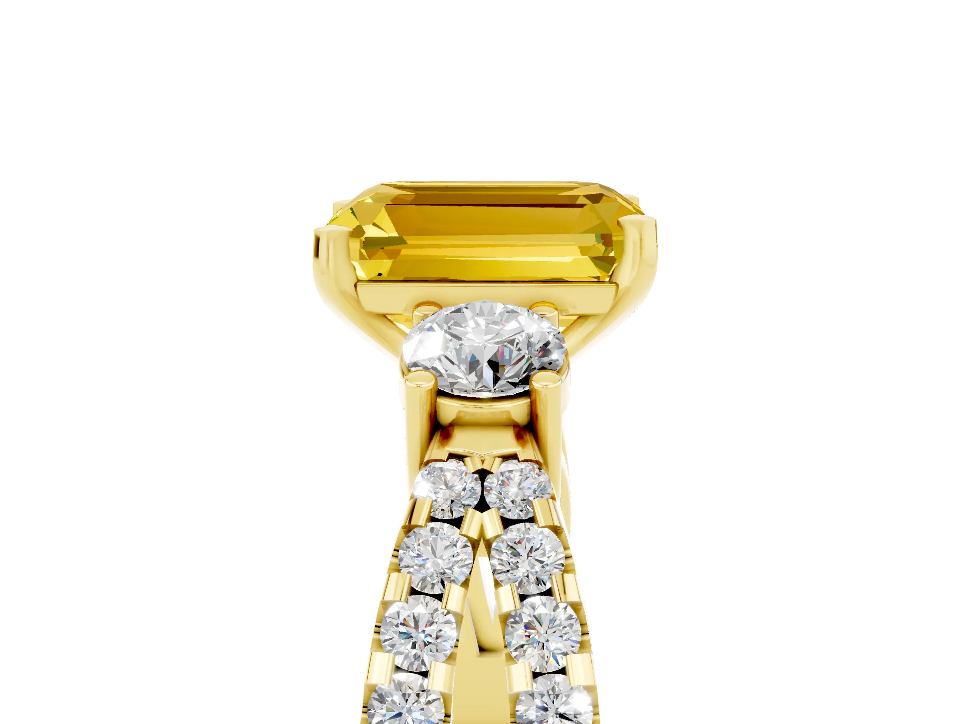 Yellow gold Emerald Cut Yellow Sapphire Three-Stone Ring with Pavé Split Shank and Four-Prong Setting_29