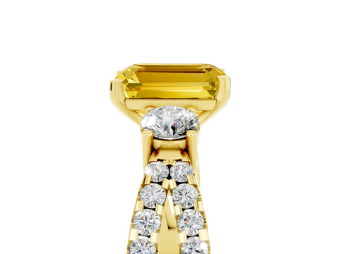Yellow gold Emerald Cut Yellow Sapphire Three-Stone Ring with Pavé Split Shank and Four-Prong Setting_29