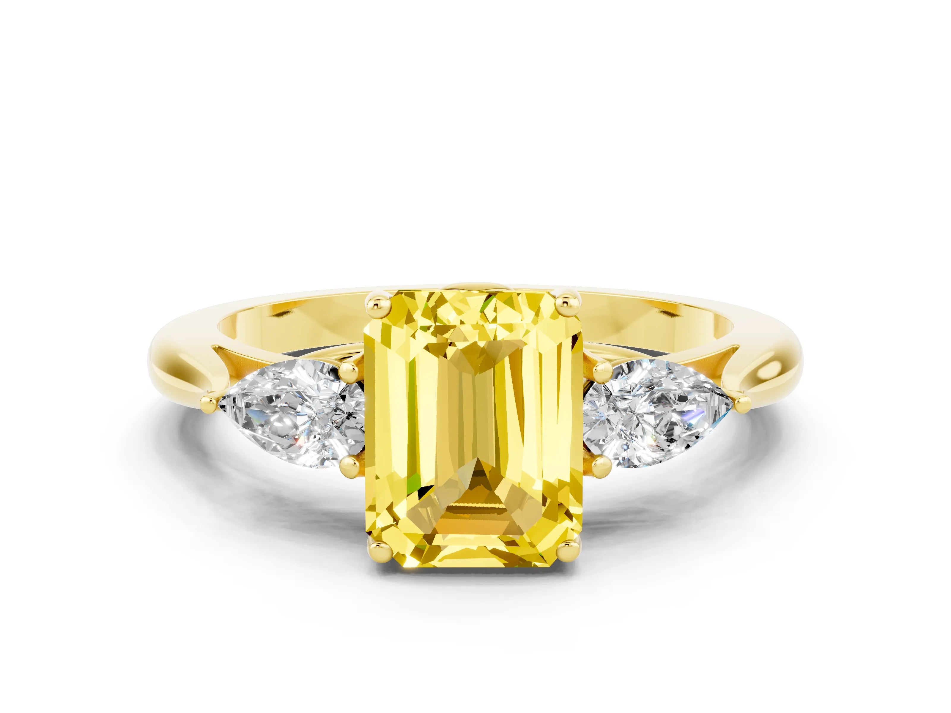 Yellow gold Emerald Cut Yellow Sapphire Three-Stone Ring with Pear Side Stones and Four-Prong Setting_12
