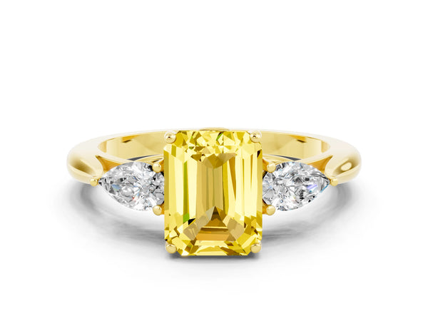 Yellow gold Emerald Cut Yellow Sapphire Three-Stone Ring with Pear  Side Stones and Prong Setting