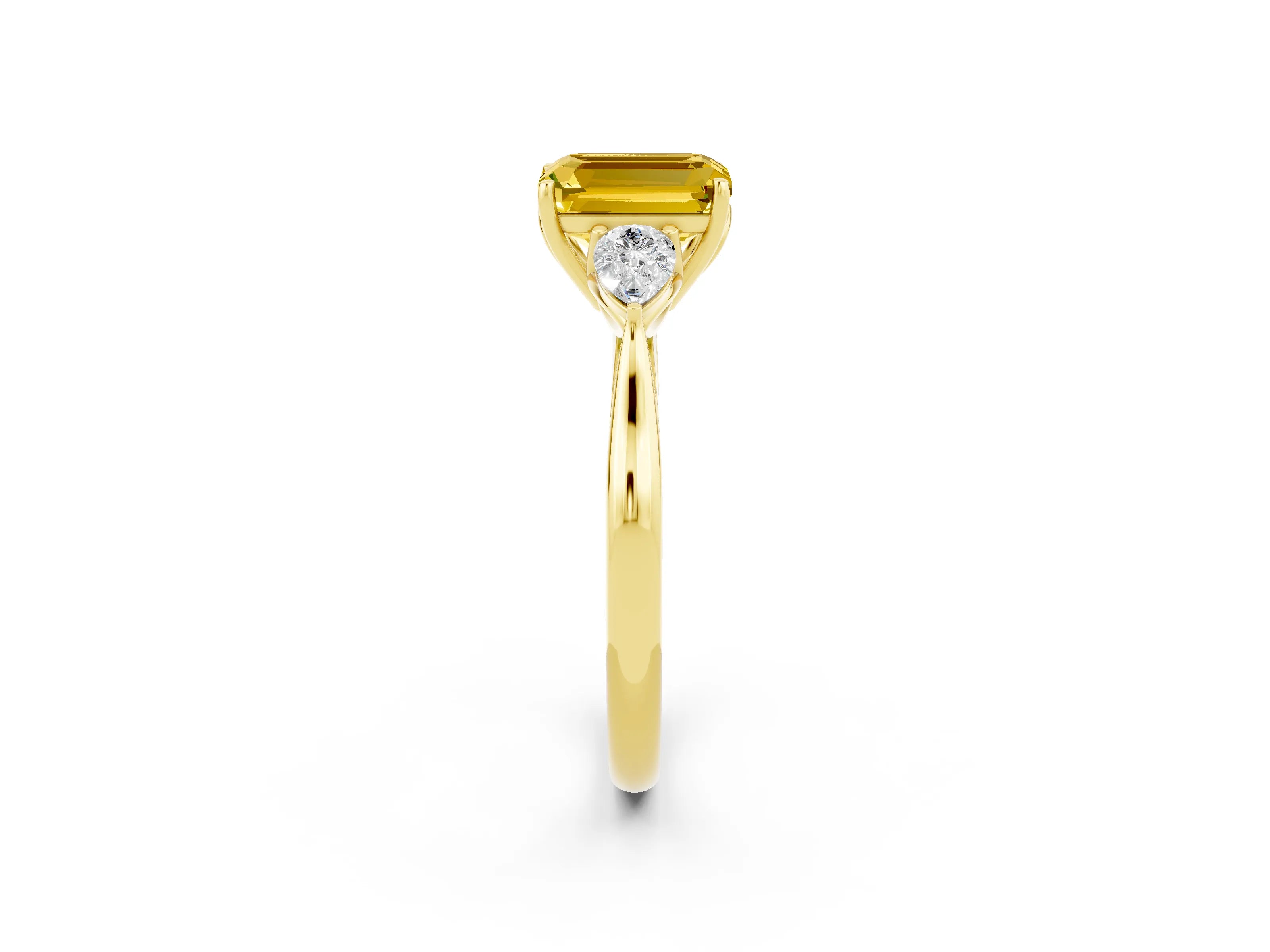 Yellow gold Emerald Cut Yellow Sapphire Three-Stone Ring with Pear Side Stones and Four-Prong Setting_14