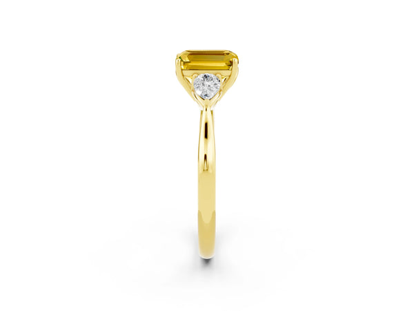 Yellow gold Emerald Cut Yellow Sapphire Three-Stone Ring with Pear  Side Stones and Prong Setting