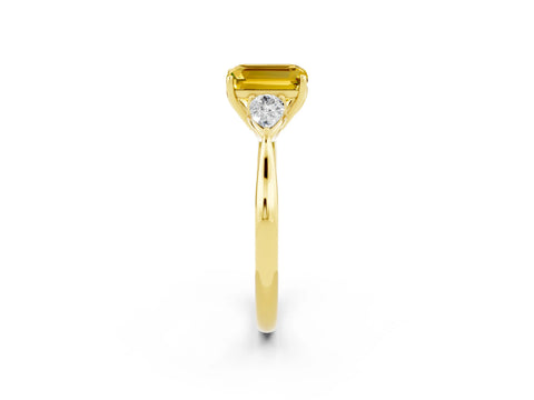Yellow gold Emerald Cut Yellow Sapphire Three-Stone Ring with Pear Side Stones and Four-Prong Setting_14