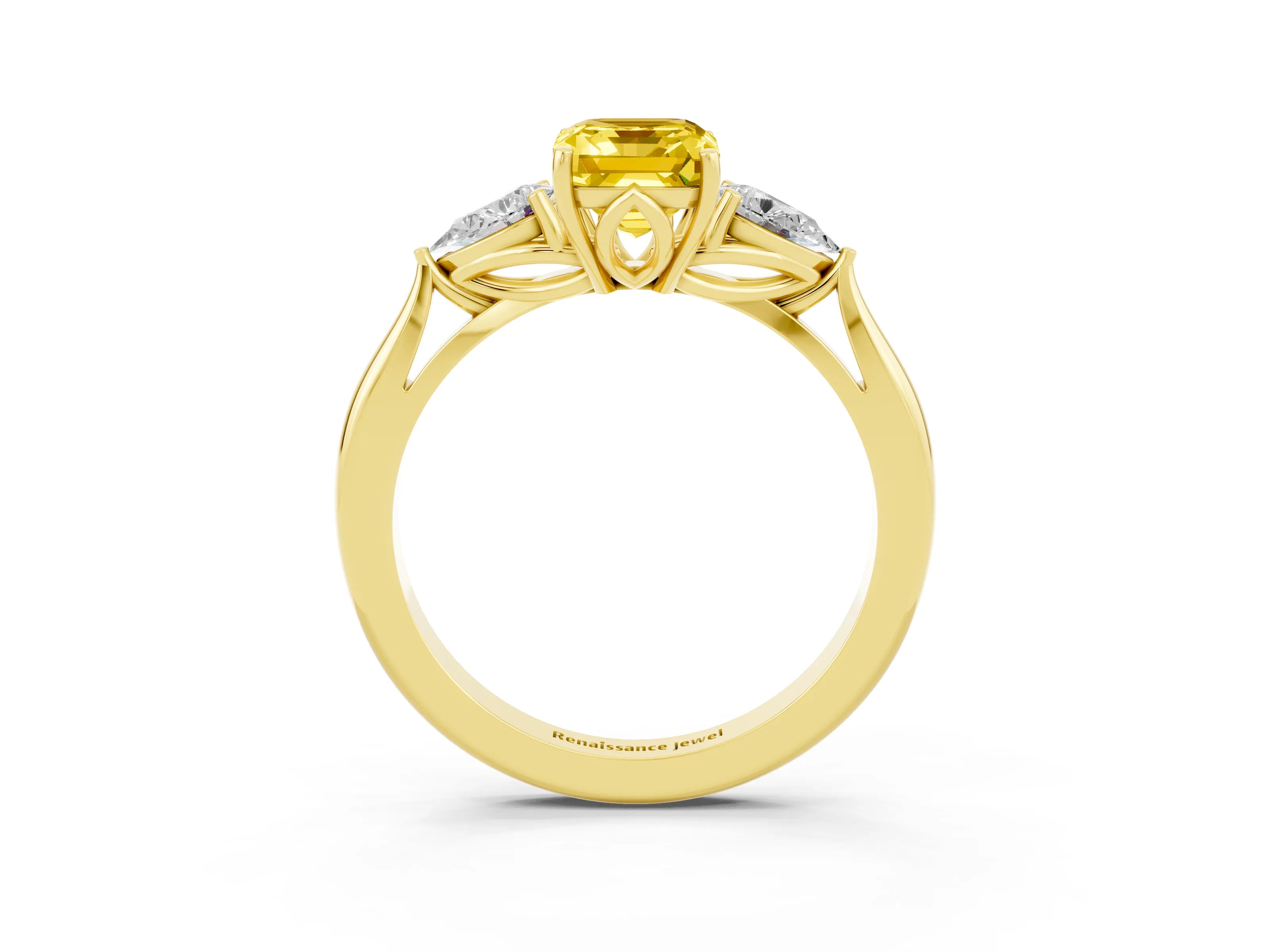 Yellow gold Emerald Cut Yellow Sapphire Three-Stone Ring with Pear Side Stones and Four-Prong Setting_15