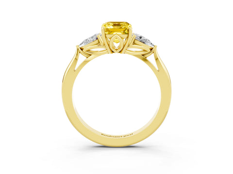 Yellow gold Emerald Cut Yellow Sapphire Three-Stone Ring with Pear Side Stones and Four-Prong Setting_15