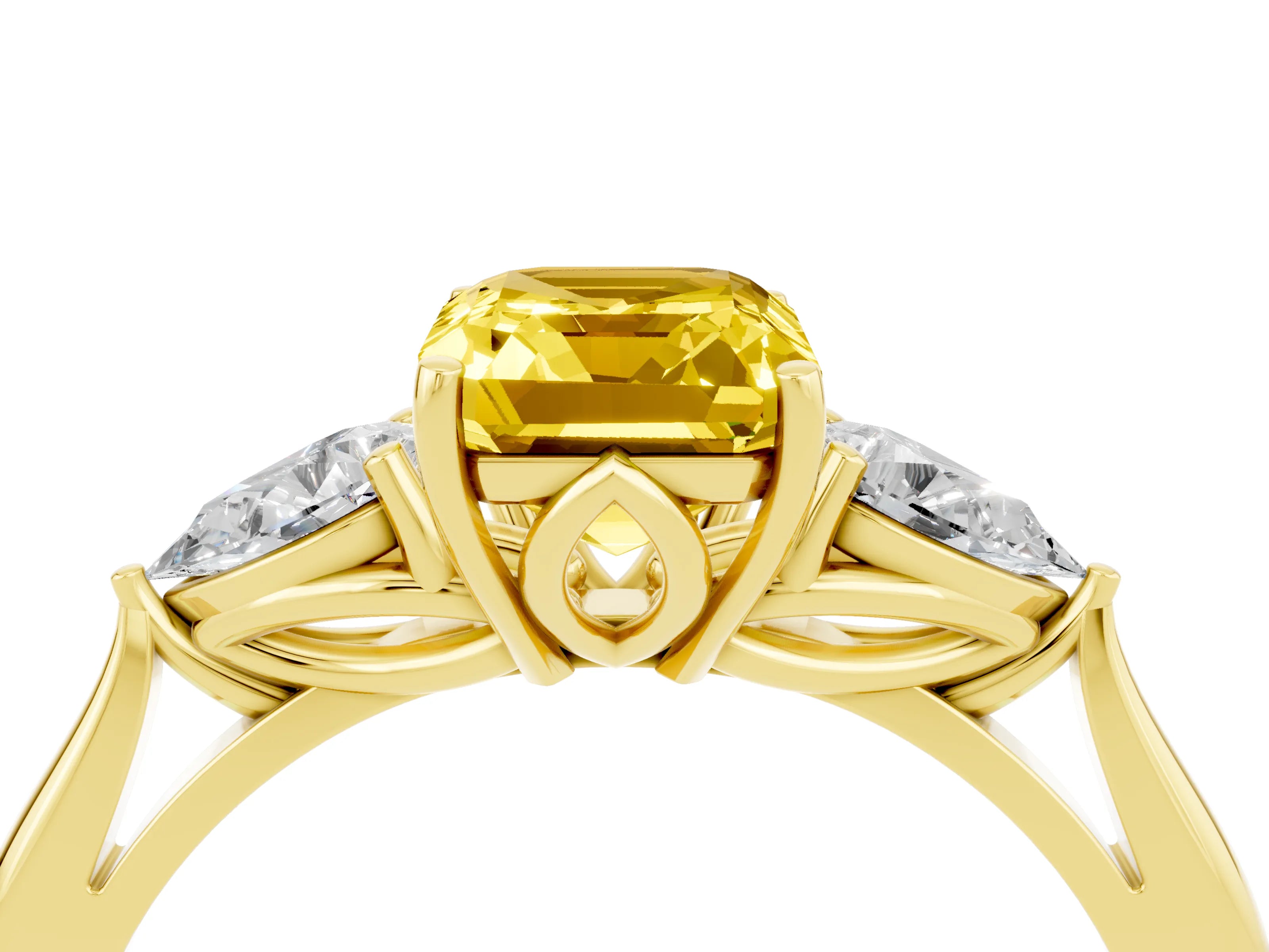 Yellow gold Emerald Cut Yellow Sapphire Three-Stone Ring with Pear Side Stones and Four-Prong Setting_16