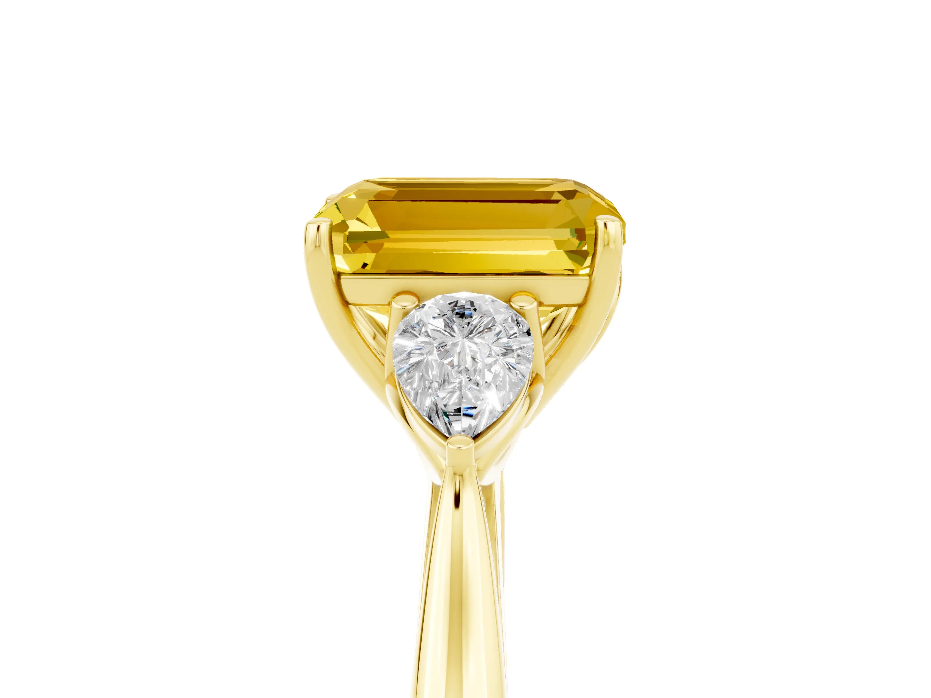 Yellow gold Emerald Cut Yellow Sapphire Three-Stone Ring with Pear Side Stones and Four-Prong Setting_17