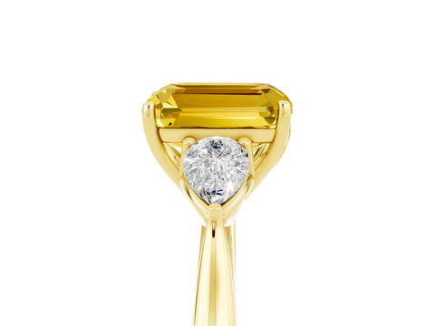 Yellow gold Emerald Cut Yellow Sapphire Three-Stone Ring with Pear Side Stones and Four-Prong Setting_17
