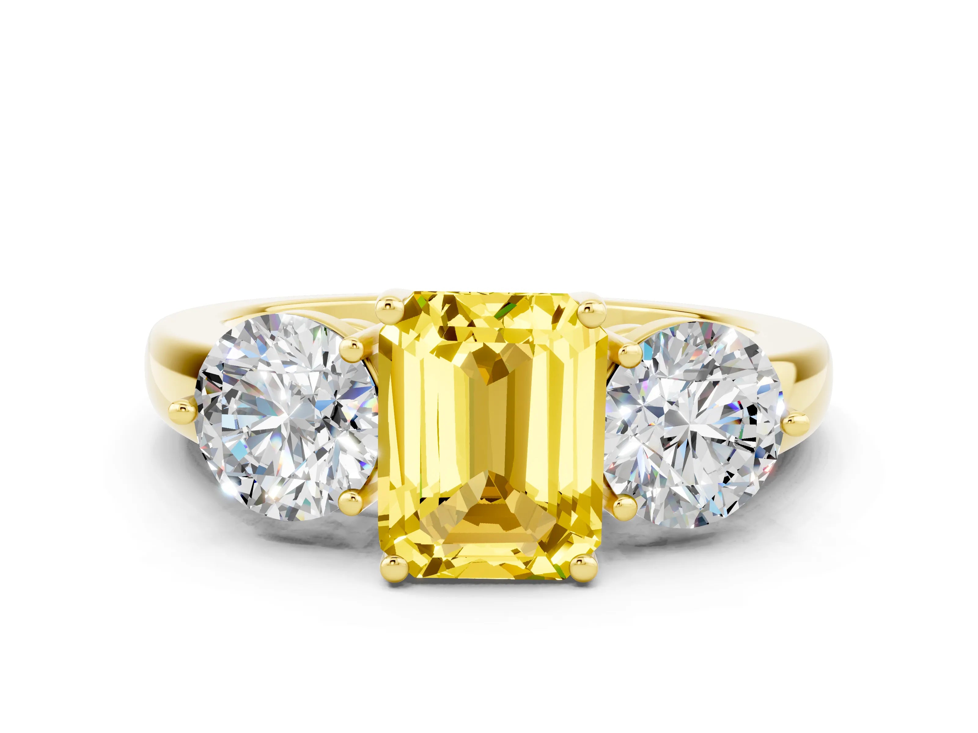 Yellow gold Emerald Cut Yellow Sapphire Three-Stone Ring with Prong Setting and Classic Band