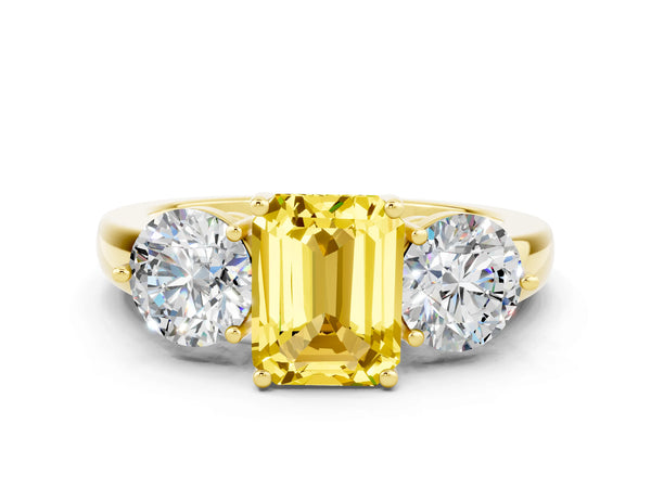 Yellow gold Emerald Cut Yellow Sapphire Three-Stone Ring with Prong Setting and Classic Band